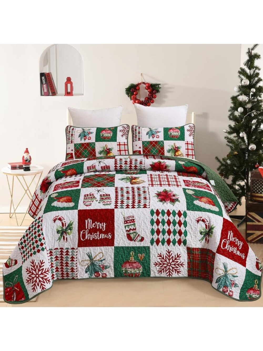 Mybedsoul Christmas Quilt Set Queen Size, Christmas Patchwork Bedding Set